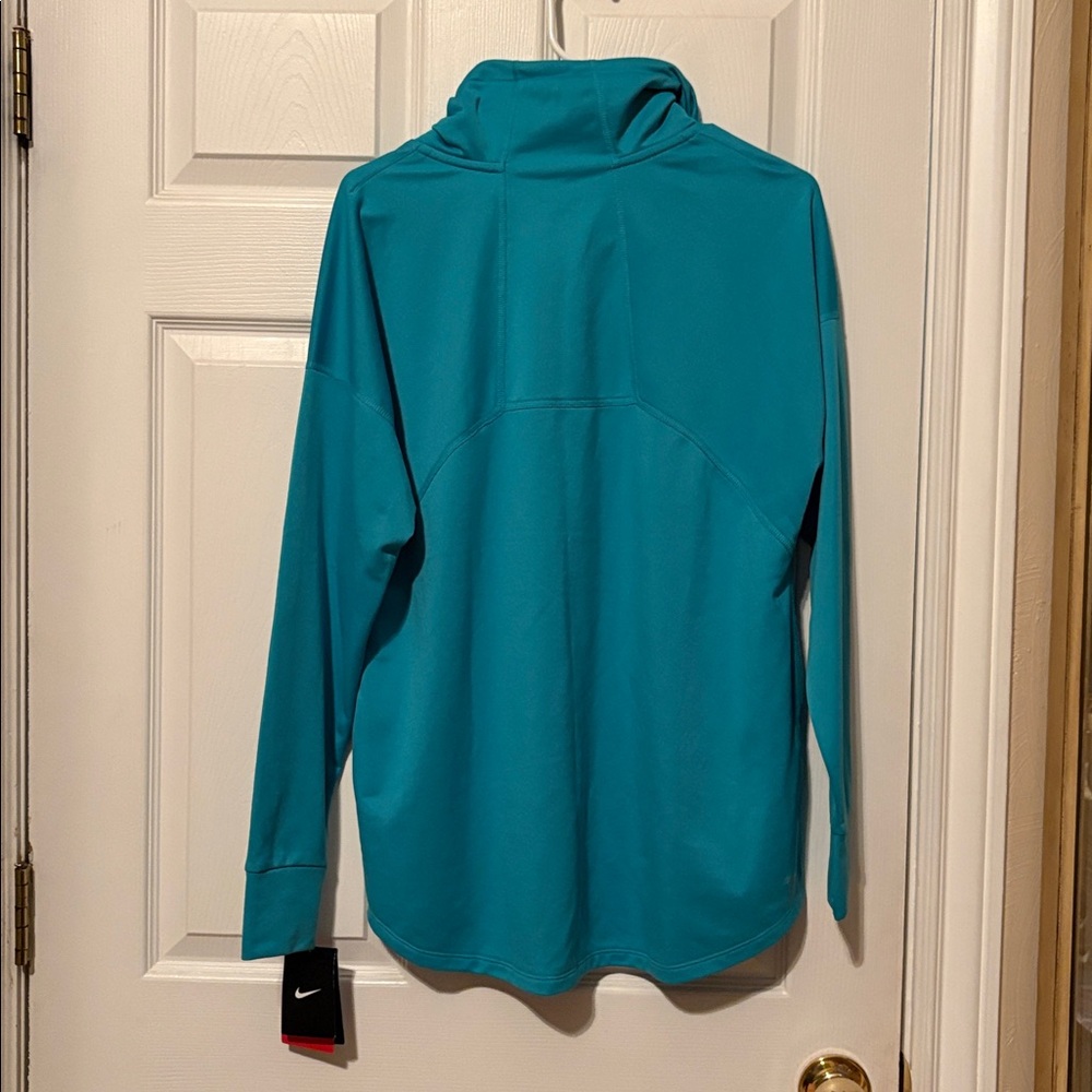 NWT Nike Dri-Fit Running funnel neck aqua sweatshirt, women’s size L. Logo. - Picture 4 of 11